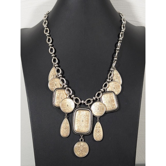 Chico's Jewelry - Chicos Reversible Golden Silver Tone Textured Bib Statement Necklace 22 in